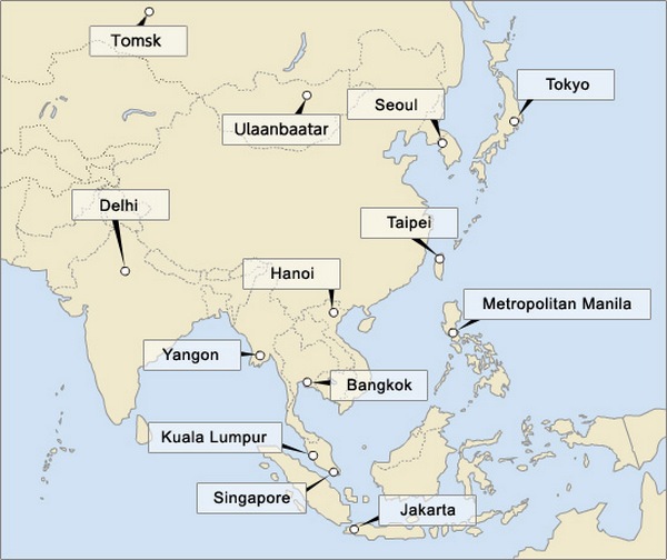 Крупные города азии. Сеть главных городов Азии.